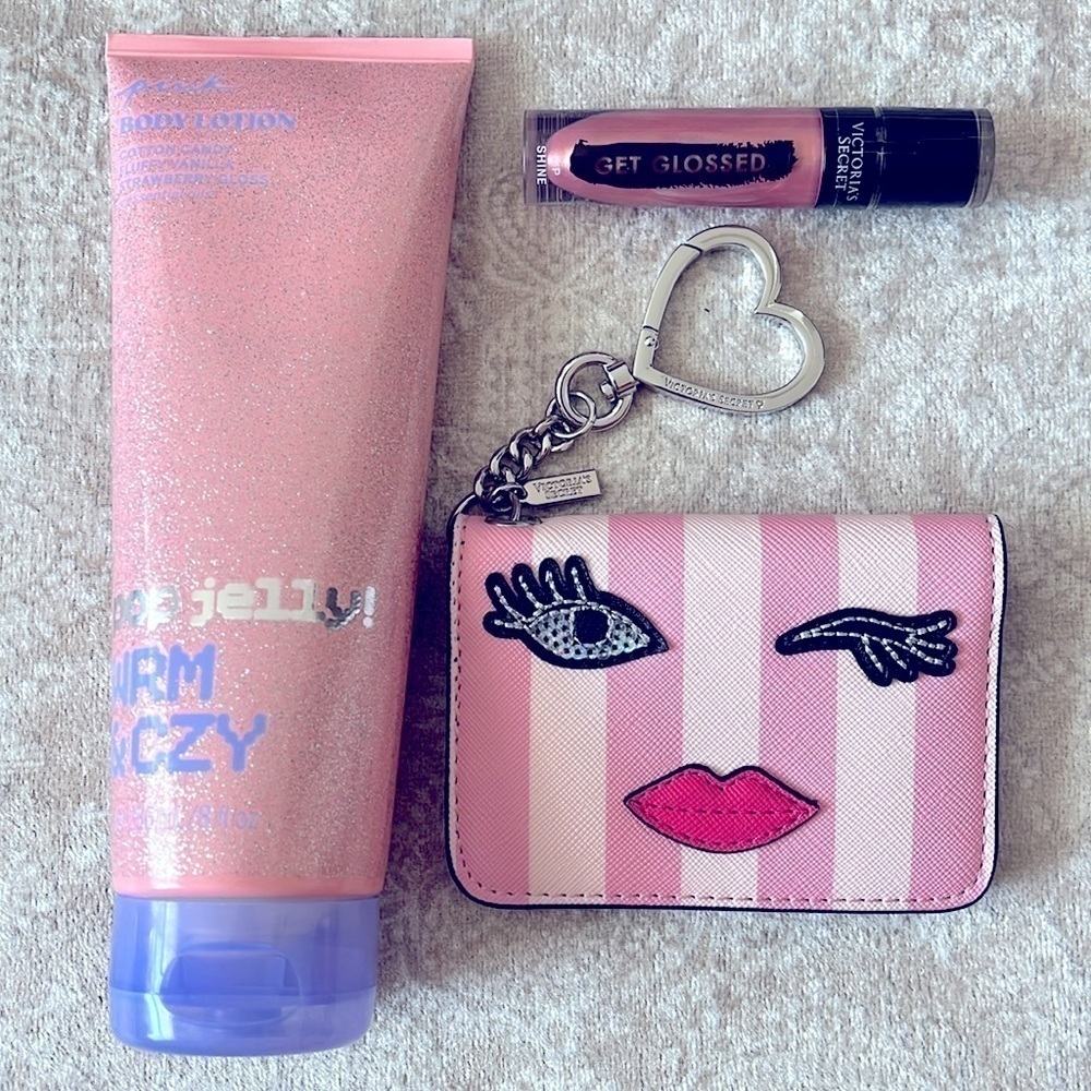 Brand New Victoria’s Secret Set Lotion Pink Stripes Key & Cardholder Lip Gloss